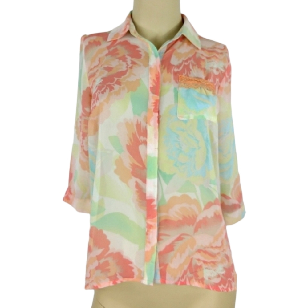 CANDIES floral peach sheer top Womens Small